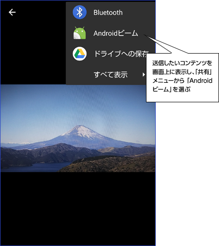 送信したいコンテンツを画面上に表示し、「共有」メニューから「Androidビーム」を選ぶ