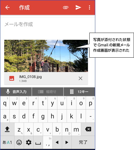 写真が添付された状態でGmailの新規メール作成画面が表示された