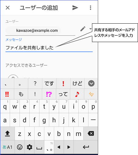共有する相手のメールアドレスやメッセージを入力