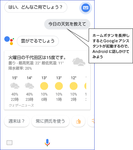 ホームボタンを長押しするとGoogleアシスタントが起動するので、Androidに話しかけてみよう