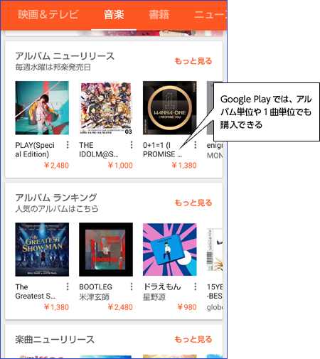 Google Playでは、アルバム単位や1曲単位でも購入できる