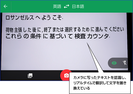 カメラに写ったテキストを認識し、リアルタイムで翻訳して文字を置き換えている