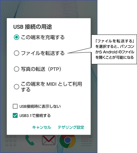 「ファイルを転送する」を選択すると、パソコンからAndroidのファイルを開くことが可能になる