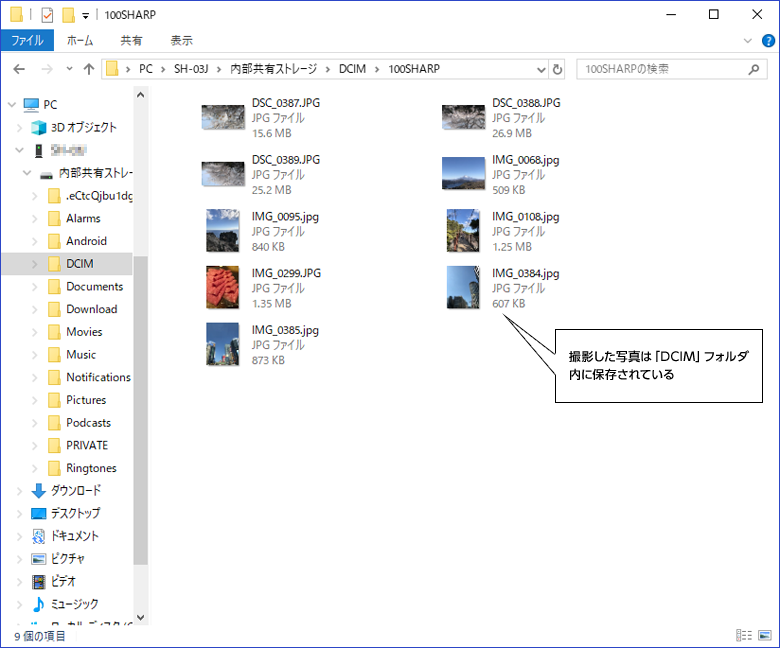 撮影した写真は「DCIM」フォルダ内に保存されている