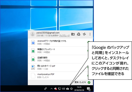 「Googleのバックアップと同期」をインストールしておくと、タスクトレイにアイコンが現れ、クリックすると同期されたファイルを確認できる